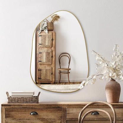 PERFNIQUE Irregular Asymmetrical Wall Mirror, 27''x19'' Gold Bathroom Mirror