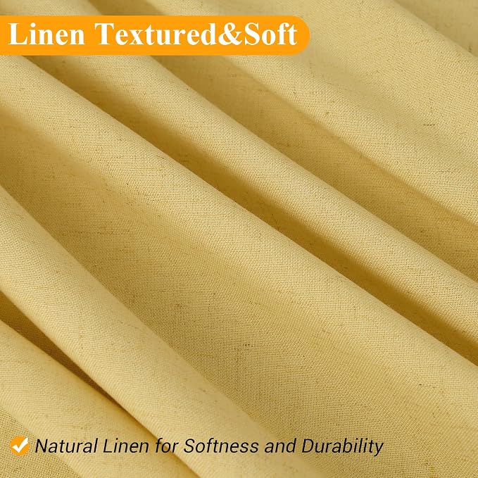 Yellow Linen Shower Curtain, Country Boho Farmhouse Bath Decor Shower Curtains Neutral Cloth Weighted Textured Fabric Bath Curtain Liner with Hooks, 72x96