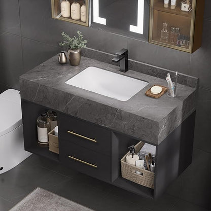 homary 39.4" Floating Bathroom Vanity with Sink, Modern Wall-Mounted Vanity Bathroom Cabinet with Sintered Stone Countertop, Undermount Sink & Black, 2 Open Storage Shelves