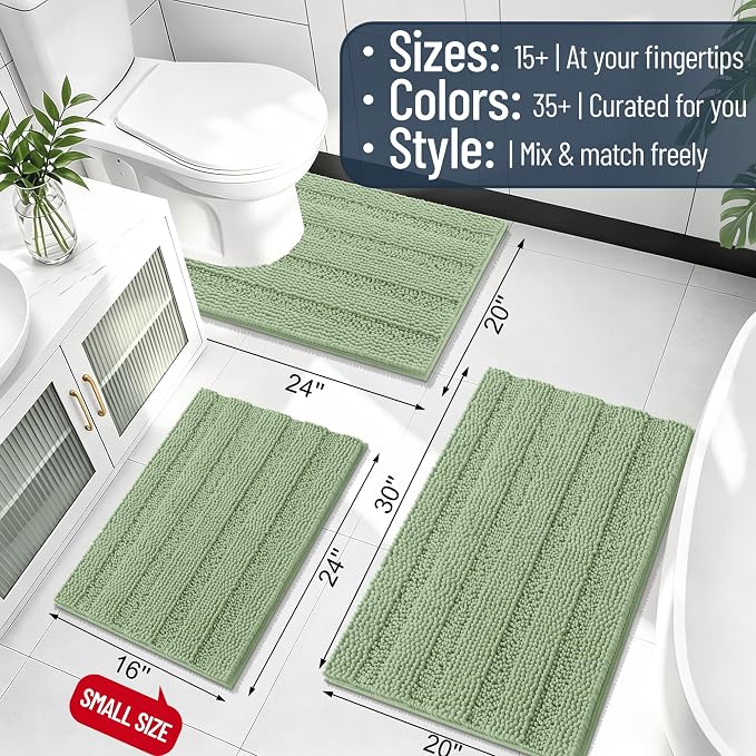 Smiry Thick Chenille Bathroom Rugs 30x20, Absorbent Bath Mat, Sage Green | Quick‑Dry & Machine Washable, Non‑Slip Bath Carpet, Soft Striped Bath Rugs for Tub & Shower, Modern Home Decor Accessories