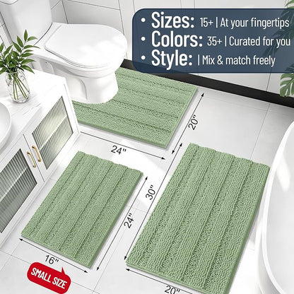 Smiry Thick Chenille Bathroom Rugs 30x20, Absorbent Bath Mat, Sage Green | Quick‑Dry & Machine Washable, Non‑Slip Bath Carpet, Soft Striped Bath Rugs for Tub & Shower, Modern Home Decor Accessories