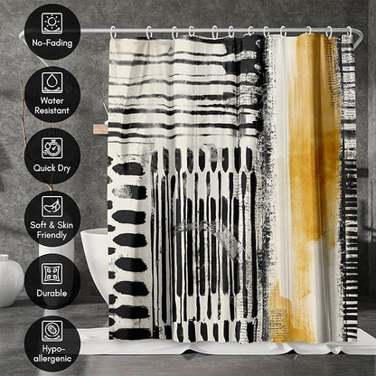 Americanflat 71x74 Abstract Shower Curtain - Water-Resistant Long Shower Curtain with Durable Metal Grommets and 12 Hooks - 100% Polyester - Black, Ivory, and Ochre Yellow