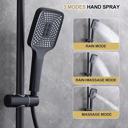 Shower Systems with 12 x8 Inches Rain Shower Head, Matte Black Exposed Pipe Shower System,3 Functions Tub Shower Faucet Sets,Overhead Shower System with Handheld
