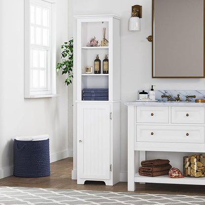 UTEX 64" Freestanding Storage Cabinet, Bathroom Tall Silm Cabinet with Doors and Adjustable Shelves, Free Standing Linen Tower, Home Storage Furniture, White