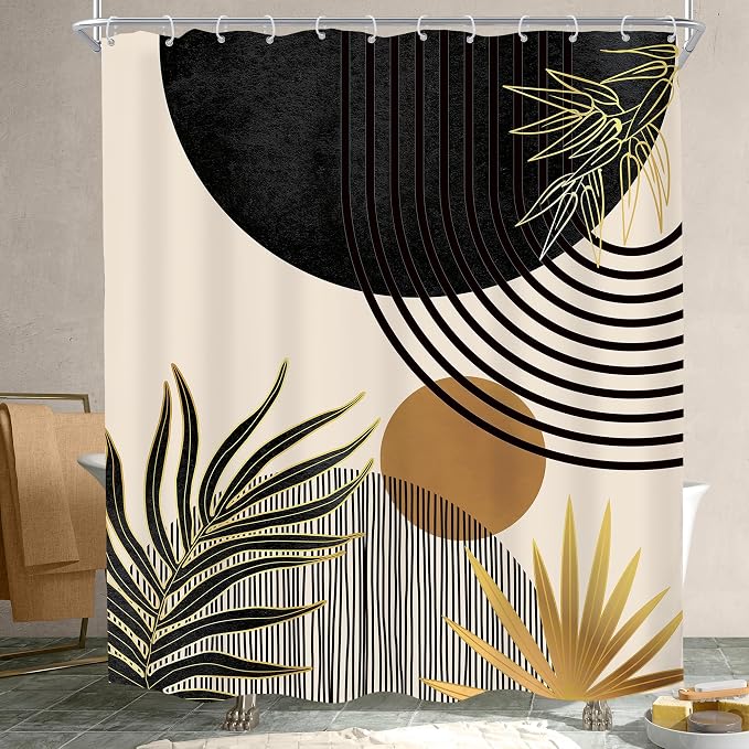 Mid Century Black Gold Boho Abstract Modern Bathroom Shower Curtain Set | 60Wx72L Green design, waterproof HD print with fast-drying fabric and 12 hooks.