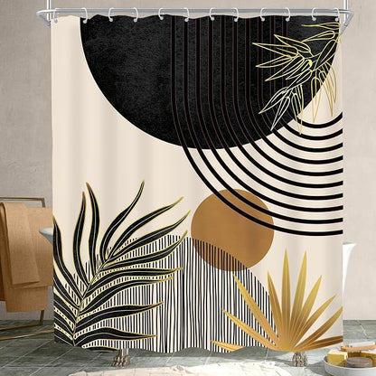 Mid Century Black Gold Boho Abstract Modern Bathroom Shower Curtain Set | 60Wx72L Green design, waterproof HD print with fast-drying fabric and 12 hooks.