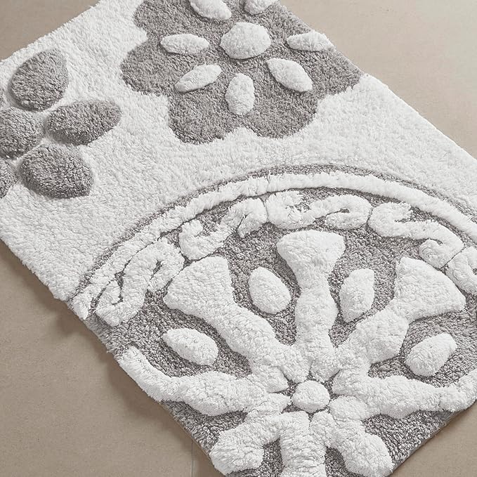 Madison Park Casablanca 100% Cotton Tufted Bathroom Rugs Luxurious Plush Medallion Floral Pattern Bath Mat Absorbent, Quick Dry, Spa Design Shower Room Décor, Rectangle 20" x 30", Grey