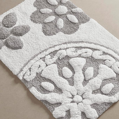 Madison Park Casablanca 100% Cotton Tufted Bathroom Rugs Luxurious Plush Medallion Floral Pattern Bath Mat Absorbent, Quick Dry, Spa Design Shower Room Décor, Rectangle 20" x 30", Grey