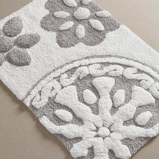 Madison Park Casablanca 100% Cotton Tufted Bathroom Rugs Luxurious Plush Medallion Floral Pattern Bath Mat Absorbent, Quick Dry, Spa Design Shower Room Décor, Rectangle 20" x 30", Grey