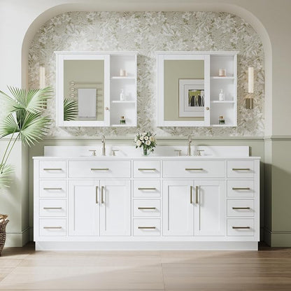 84-Inch Bathroom Vanity with Double Sinks W/ 4 Doors & 12 Drawers & 2 Flip Drawers, White Vanity W/Brushed Nickel Handles