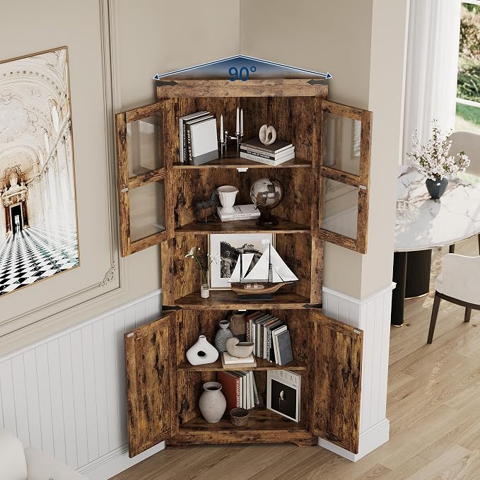 GarveeHome 67" Tall Corner Storage Cabinet, Farmhouse Corner Hutch Display Cabinet with Glass Doors, Wooden Storage Organizer for Kitchen, Living Room, Bathroom, Brown