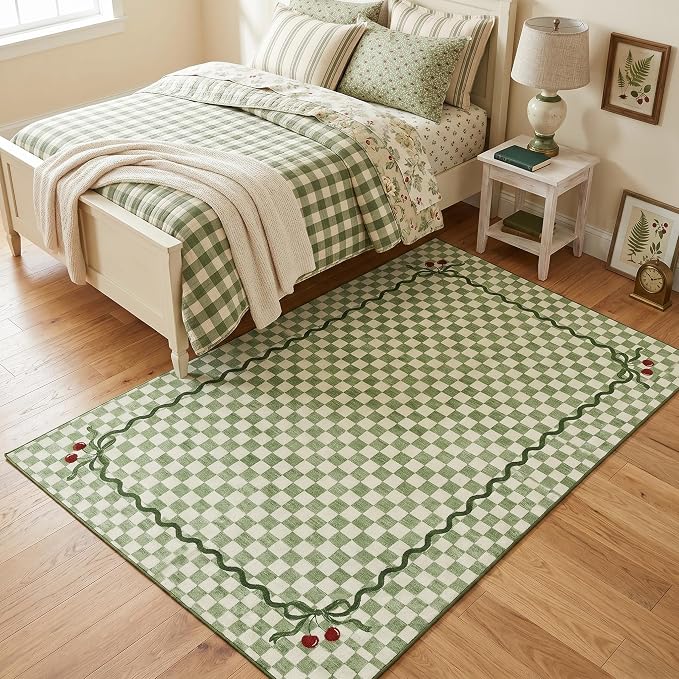 Garvee Washable Sage Green 8x10 Area Rug for Living Room Checkered Cherry | Coquette Non Slip Soft Bedroom Rugs Non Shedding Low Pile Stain Resistant Carpet for Nursery Grils Room Dorm Playroom Office