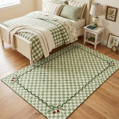 Garvee Washable Sage Green 8x10 Area Rug for Living Room Checkered Cherry | Coquette Non Slip Soft Bedroom Rugs Non Shedding Low Pile Stain Resistant Carpet for Nursery Grils Room Dorm Playroom Office
