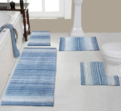 Home Weavers 100% Cotton Gradiation Collection Bathroom Décor | Washable Rug | Bathroom Mat | Kitchen Mat | Bathroom Rug Set | Bath Mat Set | Bath Floor Mat Non Slip, 4 Piece Set with Runner, Blue