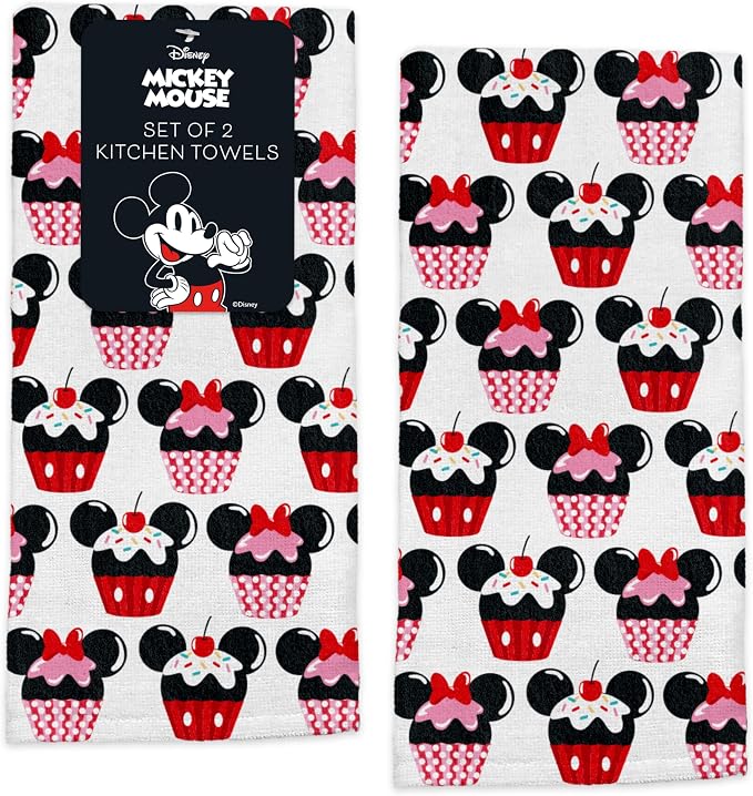 Disney Mickey & Minnie Cotton Kitchen Towels, 2-Pack 16"x26", Absorbent | Durable, colorfast dish towels resist fraying, machine washable, dries dishes, hangs on oven handles, great for gifting