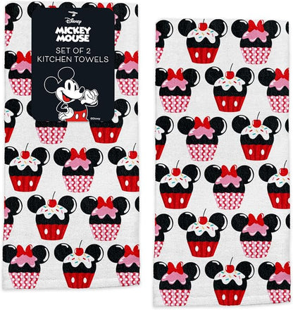 Disney Mickey & Minnie Cotton Kitchen Towels, 2-Pack 16"x26", Absorbent | Durable, colorfast dish towels resist fraying, machine washable, dries dishes, hangs on oven handles, great for gifting
