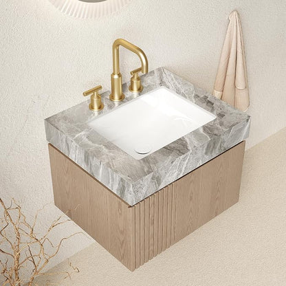 KEIKI 24 Inch Floating Bathroom Vanity with Sink, Light Brown & Grey | Modern Wall Mounted Storage Cabinet with 2 Doors, Pre-assembled Wood Panels, Sintered Stone Top & Ceramic Basin Combo Set