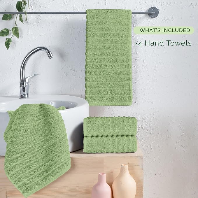 Elegant Comfort Luxury 100% Turkish Cotton Corduroy Ribbed 4 Pack Hand Towel Set 16 x 28 Inch - Absorbent, Super Soft, Quick Dry, Premium Towels for Bathroom, Gym, Spa and Hotel Use, Sage