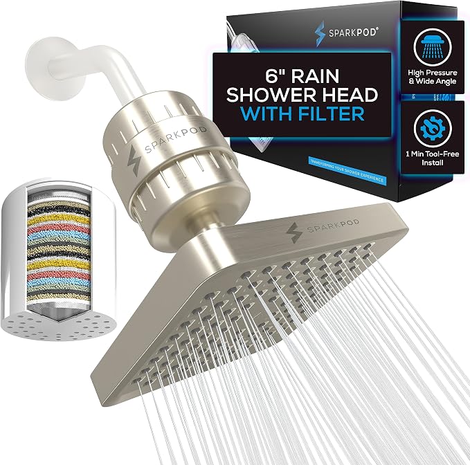 SparkPod Filtered Shower Head, 23-Stage, 6" Square, Brushed Nickel | Showerhead for Hard Water, High Pressure, Reduces Chlorine, Heavy Metals, For Dry Skin & Hair, Removable Capsule Filter