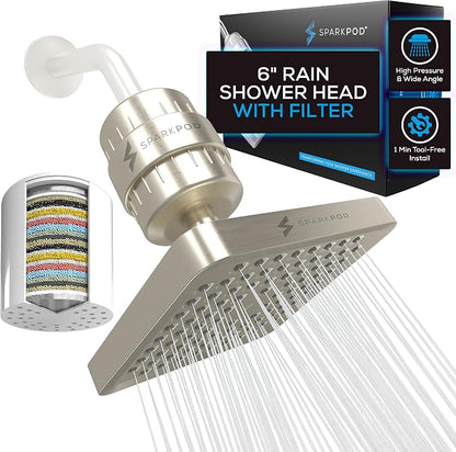 SparkPod Filtered Shower Head, 23-Stage, 6" Square, Brushed Nickel | Showerhead for Hard Water, High Pressure, Reduces Chlorine, Heavy Metals, For Dry Skin & Hair, Removable Capsule Filter