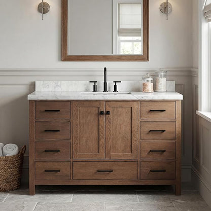 DKB Beckford 54-Inch Brown Oak Single Bathroom Vanity with Sink, 1.5-Inch Edge Italian Carrara Marble Countertop & 4" Backsplash, Soft-Closing Doors & Drawers, Solid Oak Wood Construction