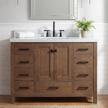 Beckford 48-Inch Brown Oak Single Bathroom Vanity with Sink, 1.5-Inch Edge Italian Carrara Marble Countertop & 4" Backsplash, Soft-Closing Doors & Drawers, Solid Oak Wood Construction