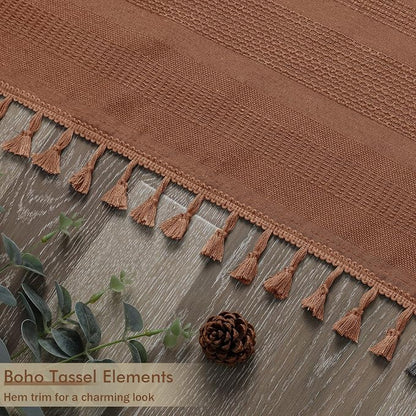 Terracotta Shower Curtain for Bathroom - Farmhouse Linen Textured Shower Curtain with Tassel, Rustic Striped Heavy Duty Vintage Country Bathroom Curtain, 72Wx72L Inches