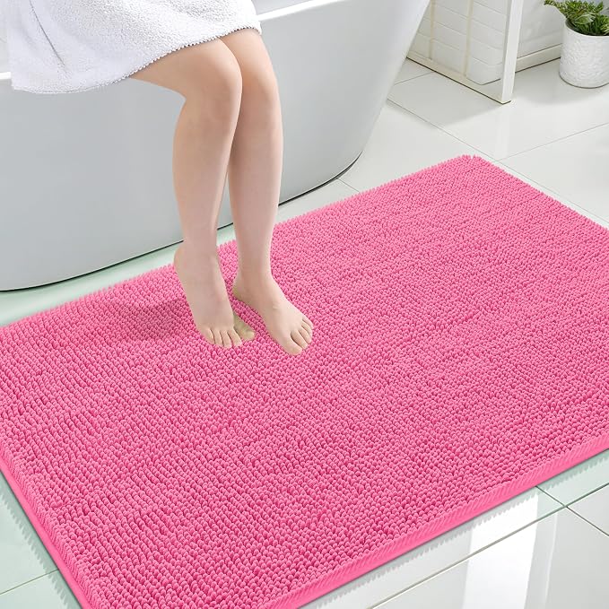 OLANLY Large Bathroom Rugs 47x32, Extra Soft Absorbent Chenille Bath Rugs | Hot Pink, Quick-Drying Rubber Backing, Machine Washable Bath Mat for Bathroom Floor, Tub and Shower, Home Decor Accessories