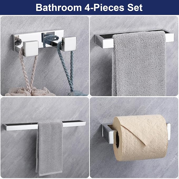 Lairuier Polished Chrome Bathroom Hardware Accessories, 4PCS Towel Bar Set | Including Towel Bar, Towel Holder, Toilet Paper Holder, Towel Hook, SUS304 Stainless Steel Bathroom Towel Holder Hardware Set