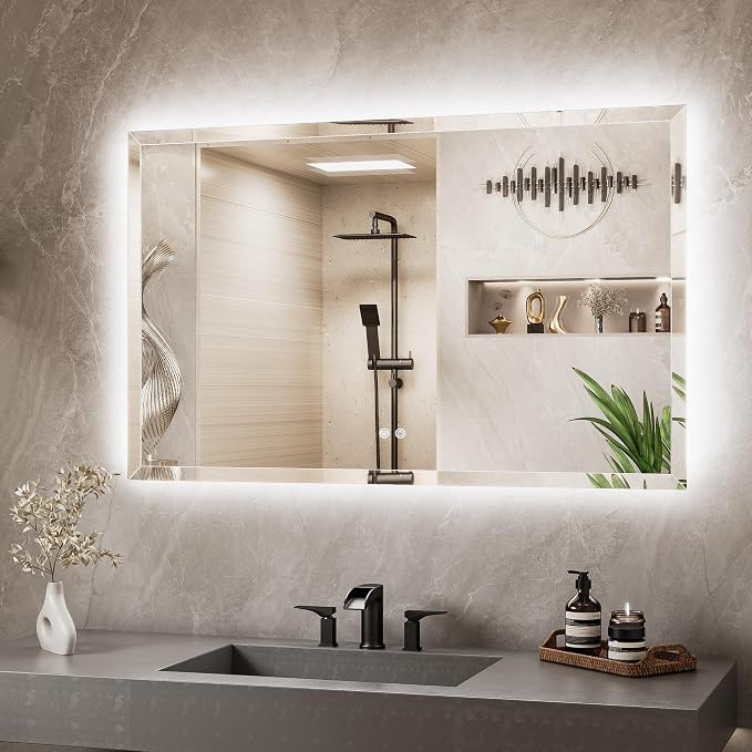 48 x 30 Backlit Mirror Bathroom, LED Vanity Mirror with Beveled Edge, Tempered Glass, 3 Colors Lights, Anti-Fog, Adjustable Brightness, Smart Bathroom Mirror, Frameless LED Vanity Wall Mirror
