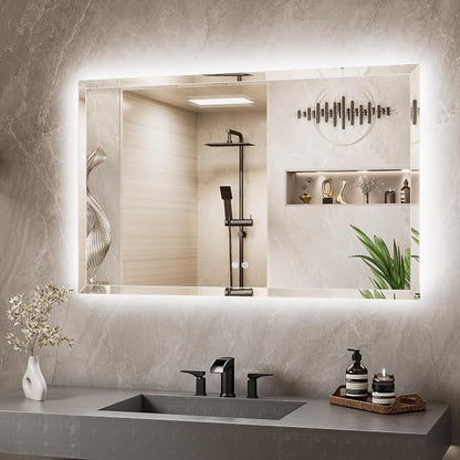 48 x 30 Backlit Mirror Bathroom, LED Vanity Mirror with Beveled Edge, Tempered Glass, 3 Colors Lights, Anti-Fog, Adjustable Brightness, Smart Bathroom Mirror, Frameless LED Vanity Wall Mirror