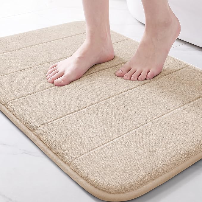 Yimobra Memory Foam Bath Mat, Soft Absorbent Bathroom Rug, 24x17, Beige | Non Slip Backing, Quick Dry, Machine Washable Bath Rug for Tub & Shower Areas, Durable Design That Complements Bathroom Decor