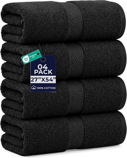 DAN RIVER 600 GSM Cotton Large Bath Towels Set of 4, 27 x 54 Inches, Black | Larger & Lighter Weight Towels for Bathroom - Highly Absorbent & Quick Dry 100% Cotton Bath Towel Set for Home, Spa & Hotel