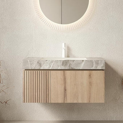Bathroom Vanity with Sink 36 Inch, Floating Bathroom Vanity Sink Cabinet with Drawer and Door, Undermount Sink & Light Gray Sintered Stone Top, Pre-Assembled, White Oak