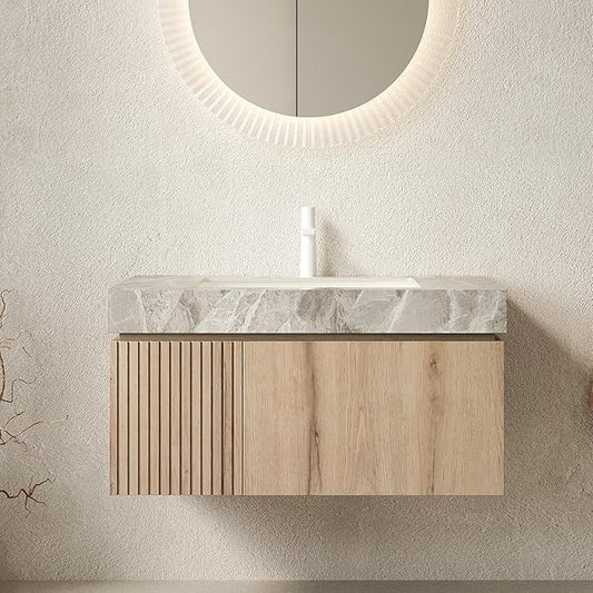 Bathroom Vanity with Sink 36 Inch, Floating Bathroom Vanity Sink Cabinet with Drawer and Door, Undermount Sink & Light Gray Sintered Stone Top, Pre-Assembled, White Oak