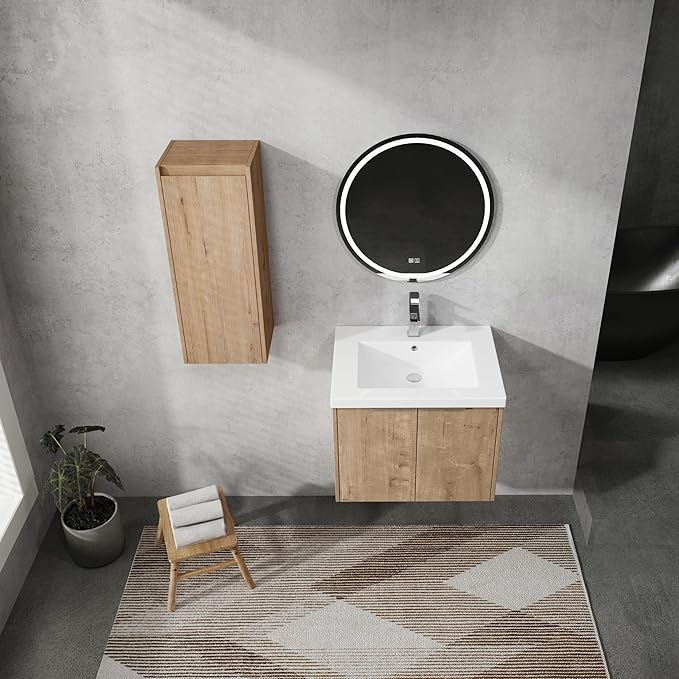 Henf 24" Floating Bathroom Vanity with Sink for Compact Space, Brown Wall Mount Bathroom Vanity Cabinet with Sink Combo, 24 Inch Bathroom Vanities Set with Side Cabinet Floating Cabinet