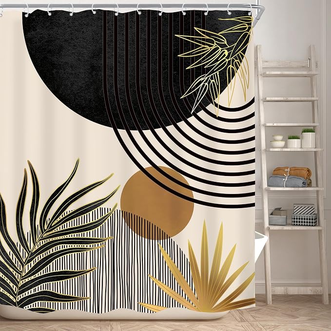 Mid Century Black Gold Boho Abstract Modern Bathroom Shower Curtain Set | 60Wx72L Green design, waterproof HD print with fast-drying fabric and 12 hooks.