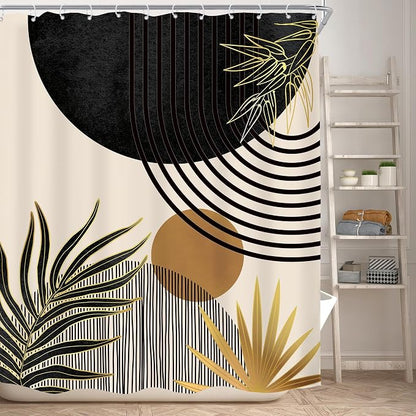 Mid Century Black Gold Boho Abstract Modern Bathroom Shower Curtain Set | 60Wx72L Green design, waterproof HD print with fast-drying fabric and 12 hooks.