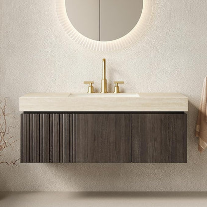 48” Floating Bathroom Vanity with Sink, Wall-Mounted Cabinet with Drawer & Doors, Roma Travertine-Pattern Countertop, Undermount Basin, 3 Faucet Hole, Soft-Close, Pre-Assembled, Dark Oak
