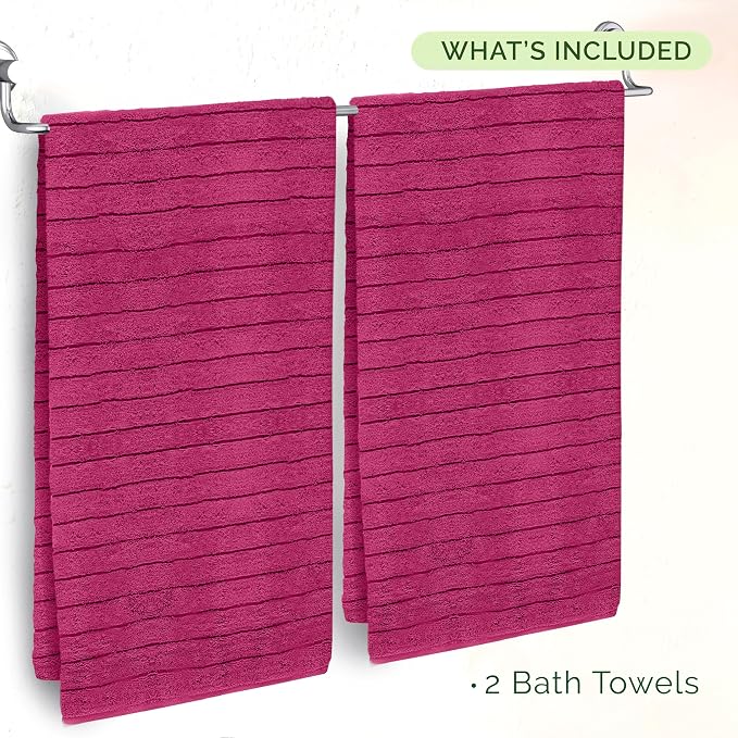Elegant Comfort 100% Turkish Cotton Corduroy Ribbed Luxury Soft 2 Pack Bath Towels 27 x 54 Inch - Ultra Plush, Absorbent, Quick Dry, Hotel Spa Quality Towels for Bathroom Essentials, Hot Pink