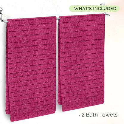 Elegant Comfort 100% Turkish Cotton Corduroy Ribbed Luxury Soft 2 Pack Bath Towels 27 x 54 Inch - Ultra Plush, Absorbent, Quick Dry, Hotel Spa Quality Towels for Bathroom Essentials, Hot Pink