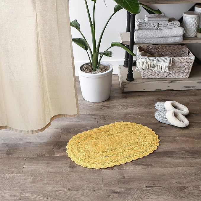 DII Crochet Collection Reversible Bath Mat, Small Oval, 17x24, Yellow