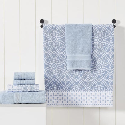 Modern Threads Monroe 6-Piece 100% Cotton Towel Set – Reversible Yarn Dyed Jacquard & Solid – Includes 2 Bath Towels, 2 Hand Towels, 2 Washcloths – Absorbent, Quick Dry, Soft & Durable – Blue