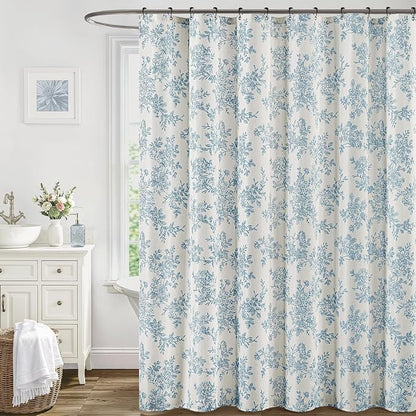 Extra Long Blue Floral Shower Curtain W72*L84 Inches Long | Linen Textured Fabric, 12 Rustproof Metal Hooks, Wrinkle Resistant Cloth, Machine Washable, Bathroom Decor for Cottage Core