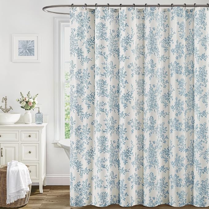 Extra Long Blue Floral Shower Curtain W72*L96 Inches Long | Linen Textured Fabric, 12 Rustproof Metal Hooks, Wrinkle Resistant Cloth, Machine Washable, Bathroom Decor for Cottage Core