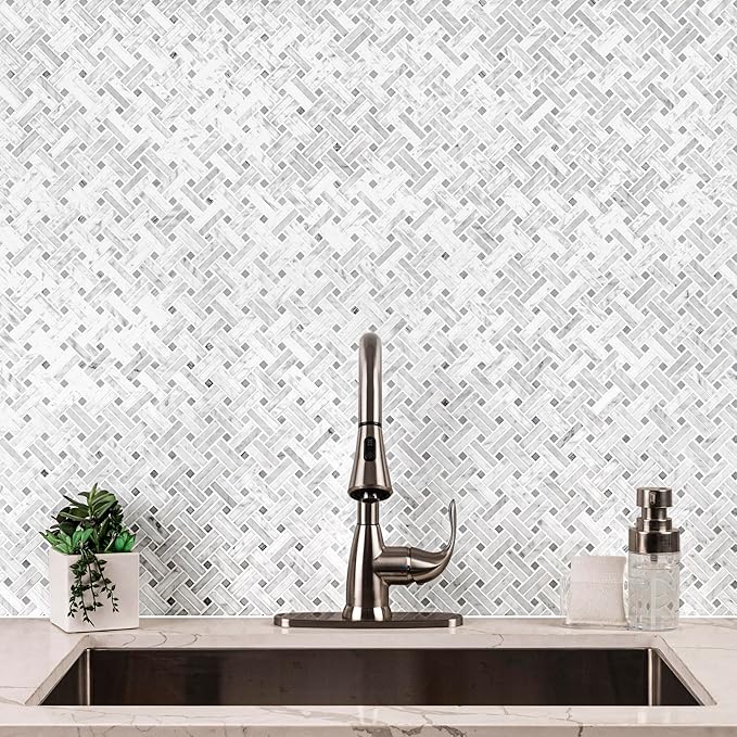 MSI Carrara White Marble Basketweave Tile for Kitchen Backsplash, for Bathroom, Accent and Shower Wall Tile, Mesh-Mounted Mosaic Tile, (10.3 sq. ft, 10 Pieces per case)
