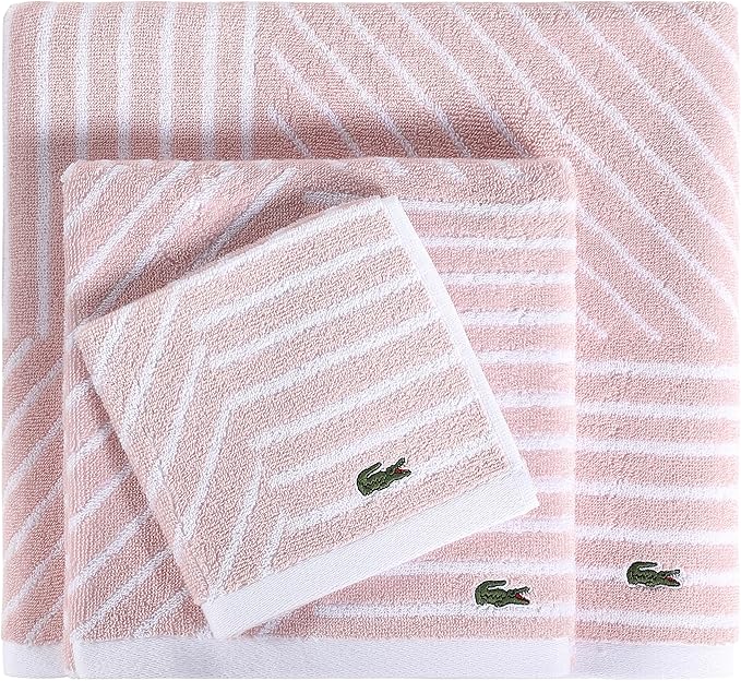 Lacoste Guethary Striped 6PC Towel Set – 100% Cotton, Reversible Design, Durable & Lightweight, Machine Washable – Light Pink, 2 Bath Towels (30"x54"), 2 Hand Towels (16"x30"), 2 Washcloths (13"x13")