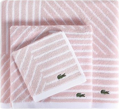 Lacoste Guethary Striped 6PC Towel Set – 100% Cotton, Reversible Design, Durable & Lightweight, Machine Washable – Light Pink, 2 Bath Towels (30"x54"), 2 Hand Towels (16"x30"), 2 Washcloths (13"x13")