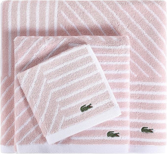 Lacoste Guethary Striped 6PC Towel Set – 100% Cotton, Reversible Design, Durable & Lightweight, Machine Washable – Light Pink, 2 Bath Towels (30"x54"), 2 Hand Towels (16"x30"), 2 Washcloths (13"x13")