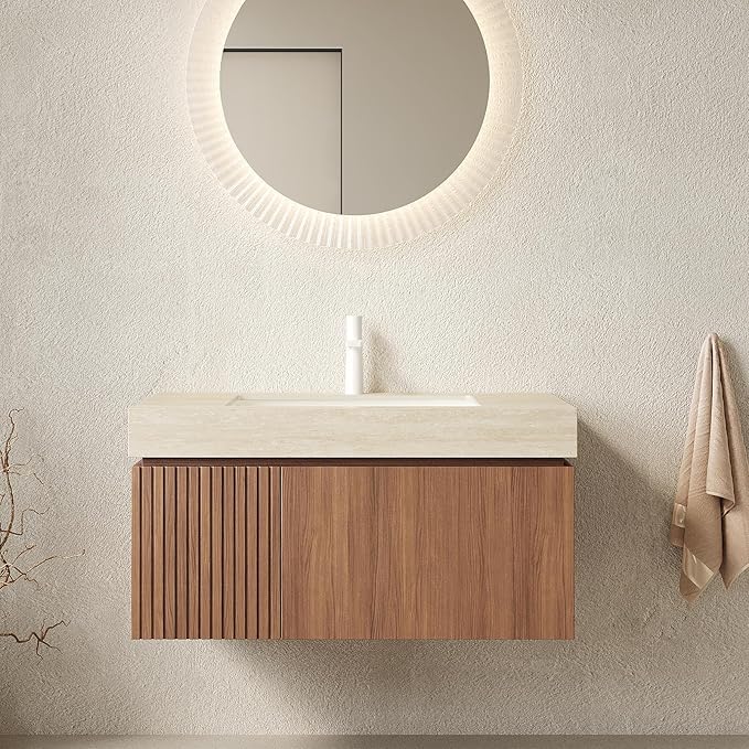 Ambrovina 36" Floating Bathroom Vanity with Sink, Modern Plywood Bathroom Storage Cabinet with Drawer and Door, Roma Travertine-Pattern Countertop, White Ceramic Basin, Pre-Assembled, Dark Oak